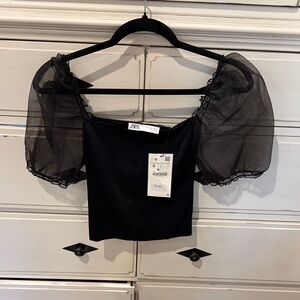 Zara Black Puff Mesh Sleeve Blouse